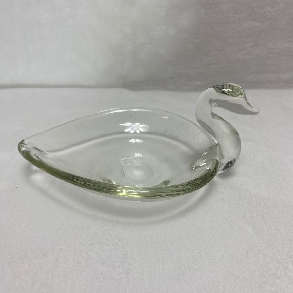 VTG Duncan & Miller Hand Blown‎ Clear Glass Swan Trinket Dish Jewelry Holder MCM